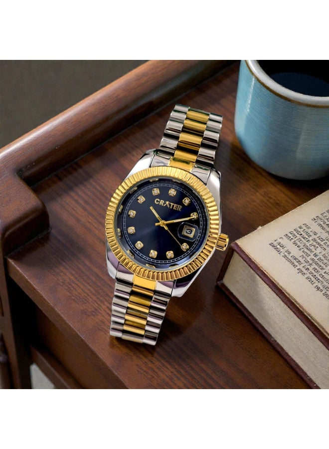 كريتر  ساعة كريتر (CRATER) للرجال – تصميم ملكي فاخر من الستانلس ستيل، مينا كلاسيكي مع عرض التاريخ، مقاومة للماء – تشمل علبة الماركة (فضي ذهبي/أسود). - Image 5